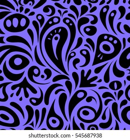 Vector seamless ornament in black and violet colors. Distressed damask seamless pattern background tile.