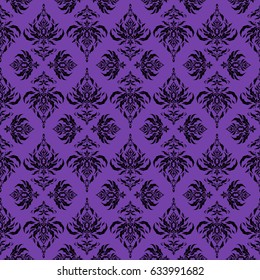 Vector seamless ornament in black and violet colors. Distressed damask seamless pattern background tile.