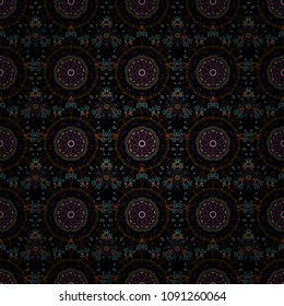 Vector seamless ornament in blue, green and brown colors on a black background. Distressed damask seamless pattern background tile.