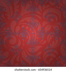 Vector seamless ornament in blue and orange colors. Distressed damask seamless pattern background tile.