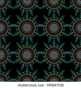 Vector seamless ornament in blue, pink and green colors on a black background. Distressed damask seamless pattern background tile.