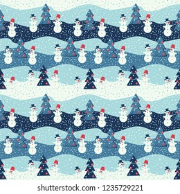 Vector seamless ornament with blue, white stripes of snowdrifts, Christmas trees, snow and snowmen is perfect for wrapping paper, wallpaper, background, crafts