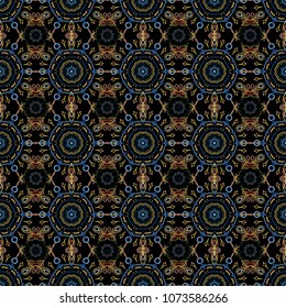 Vector seamless ornament in blue and yellow colors on a black background. Distressed damask seamless pattern background tile.