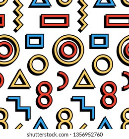 Vector seamless ornament of bright, stylized, colorful geometric shapes with shadows.
