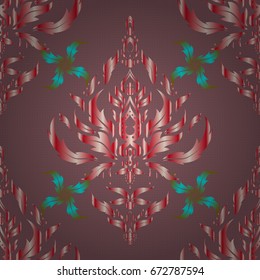 Vector seamless ornament in brown, red and pink colors. Distressed damask seamless pattern background tile.