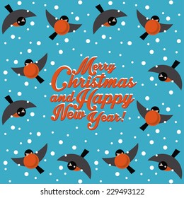 Vector seamless ornament bullfinches on blue background