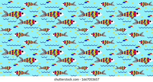 vector seamless ornament called the bottom of the sea with the image of stylized bright colored fish sea pebbles and waves