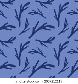 Vector seamless ornament dark blue branch on light blue background. Winter cartoon twigs illustration in simple minimalist style. Perfect for fabric, packaging, textile, wallpaper, gift, pattern