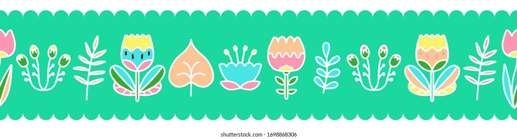 Vector seamless ornament with decorative flowers and leaves on a green background in cartoon style for packaging design, decorative adhesive tape, web design. Botanical linear illustration with plants
