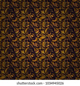 Vector seamless ornament in gray, yellow and brown colors. Distressed damask seamless pattern background tile.