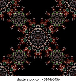 Vector seamless ornament in green, red and blue colors on a black background. Distressed damask seamless pattern background tile.