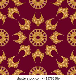 Vector seamless ornament with mandalas. Doodle pattern. Colored backdrop.