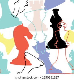 Vector seamless ornament with multicolored chess silhouettes.