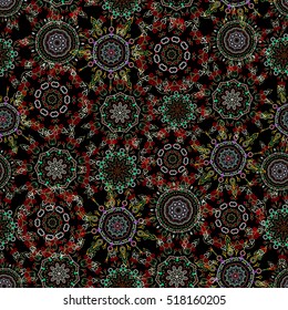 Vector seamless ornament in neutral, green and red colors on a black background. Distressed damask seamless pattern background tile.