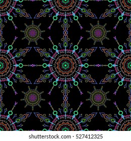 Vector seamless ornament in neutral, green and pink colors on a black background. Distressed damask seamless pattern background tile.
