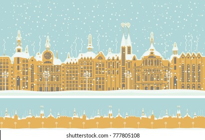 Vector seamless ornament with an old winter town in retro style. Old buildings of European city in winter in the snow