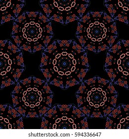 Vector seamless ornament on black background. Distressed damask seamless pattern background tile.