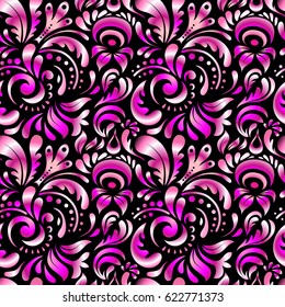 Vector seamless ornament on black background. Distressed damask seamless pattern background tile.