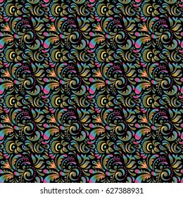 Vector seamless ornament on black background. Distressed damask seamless pattern background tile.