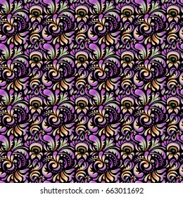Vector seamless ornament on black background. Distressed damask pattern background tile.