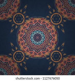 Vector seamless ornament in orange, pink and blue colors. Distressed damask seamless pattern background tile.