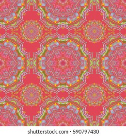 Vector seamless ornament in orange and pink colors. Distressed damask seamless pattern background tile.