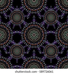 Vector seamless ornament in orange and violet colors on a black background. Distressed damask seamless pattern background tile.