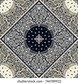 Vector seamless ornament paisley Bandana Print, silk neck scarf or kerchief square pattern design style for print on fabric.