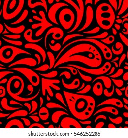 Vector seamless ornament in red colors on a black background. Distressed damask seamless pattern background tile.