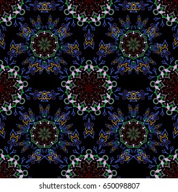 Vector seamless ornament in red, green and yellow colors on a black background. Distressed damask seamless pattern background tile.