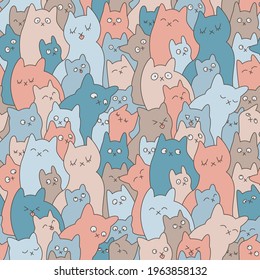 Vector seamless ornament with a variety of cats, a repeating pattern with gray, beige, orange, cream cats and kittens in a cartoon style.