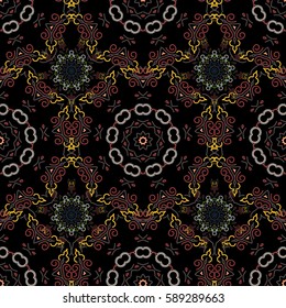 Vector seamless ornament in yellow and blue colors on a black background. Distressed damask seamless pattern background tile.