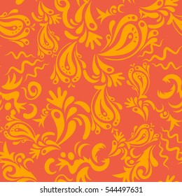 Vector seamless ornament in yellow and orange colors. Distressed damask seamless pattern background tile.