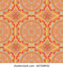 Vector seamless ornament in yellow and orange colors. Distressed damask seamless pattern background tile.