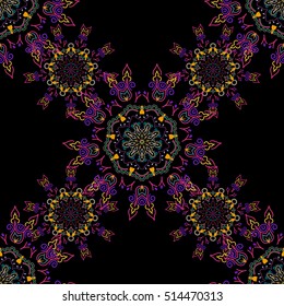 Vector seamless ornament in yellow, pink and blue colors on a black background. Distressed damask seamless pattern background tile.