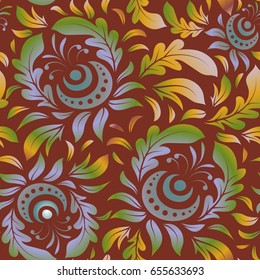 Vector seamless ornament in yellow and red colors. Distressed damask seamless pattern background tile.