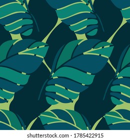 Vector seamless ornamental lined colorful green pattern of tropical leaves