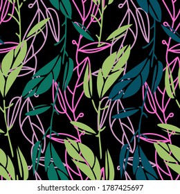 Vector seamless ornamental lined colorful green pattern of tropical leaves