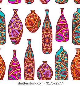 vector seamless ornamental pattern with bottles and vases