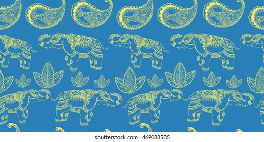 Vector seamless ornamental pattern with Indian elephant and floral elements on blue . Hand drawn fashion illustration in bohemian style for print, card,textile and other seamless trendy design. 