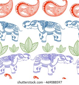 Vector seamless ornamental pattern with Indian elephant and floral elements on white . Hand drawn fashion illustration in bohemian style for print, card,textile and other seamless trendy design. 