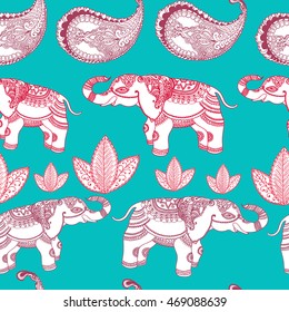 Vector seamless ornamental pattern with Indian elephant and floral elements  . Hand drawn fashion illustration in bohemian style for print, card,textile and other seamless trendy design. 