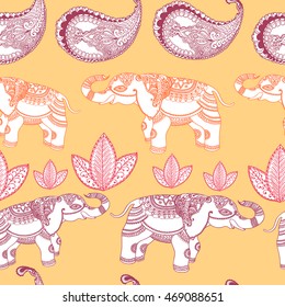 Vector seamless ornamental pattern with Indian elephant and floral elements on orange . Hand drawn fashion illustration in bohemian style for print, card,textile and other seamless trendy design. 