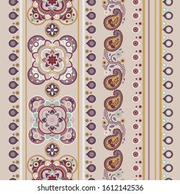 Vector seamless ornamental pattern. Wallpaper with ethnic geometrical elements. Vertical or horizontal decorative band, strip. Design for fabric, textile, cover, rug, carpet, wallpaper, backdrop