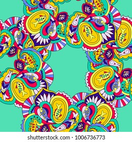 Vector seamless ornamental psychedelic pattern. Colorfull background. Sea theme. 