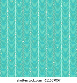 Vector seamless ornamental vertical lines pattern. Strings of geometric decorative lines on abstract oriental wave background. Flying grainy gold foil texture background.