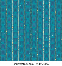 Vector seamless ornamental vertical lines pattern. Strings of geometric decorative lines on abstract oriental wave background. Flying mint grainy texture background.