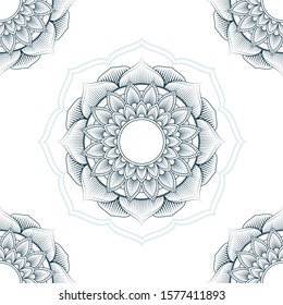 Vector seamless ornamental white background with a thin black oriental pattern. Pattern with mandalas. Ornament with a stylized sun.