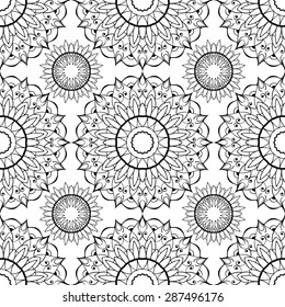 Vector seamless ornamental white background with a thin black oriental pattern. Pattern with mandalas. Ornament with a stylized sun.