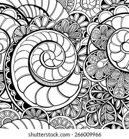 Vector seamless ornate pattern with shells and flowers. Contour illustration
